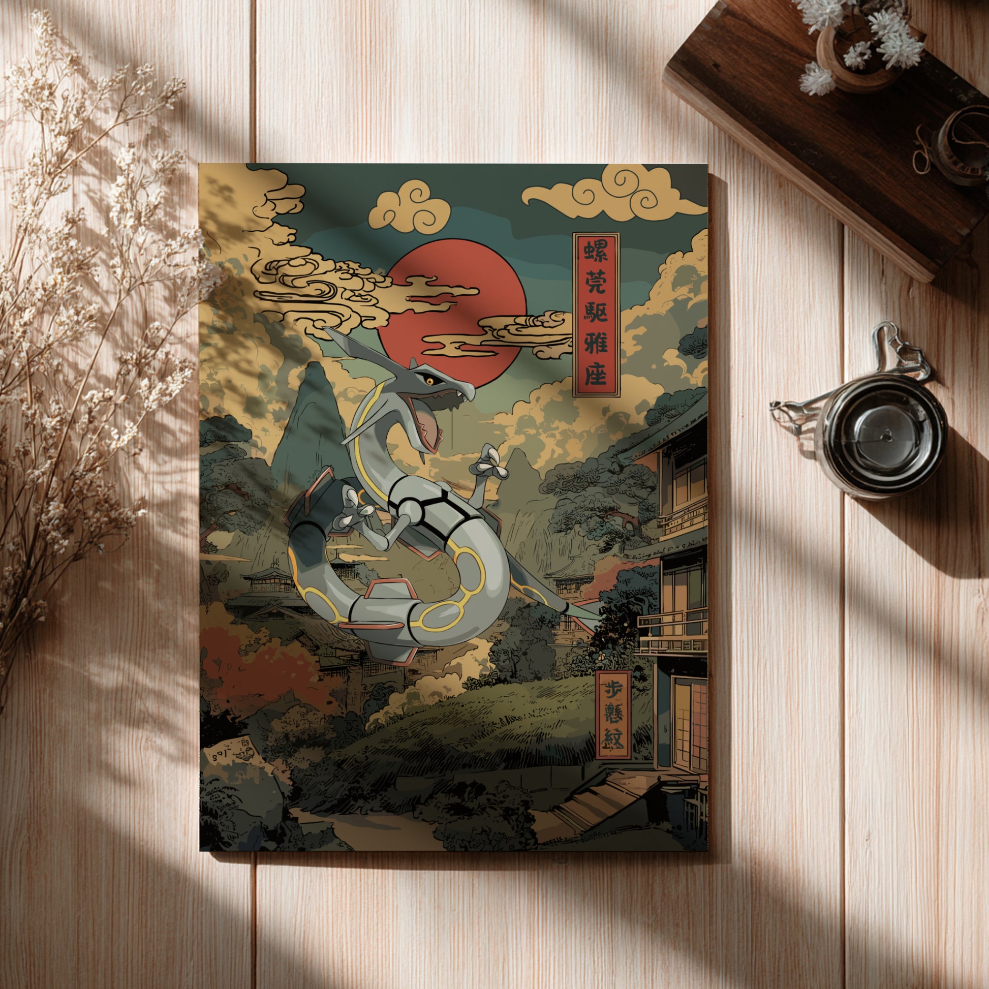 Decorative poster with Rayquaza Pokemon design on a wooden surface