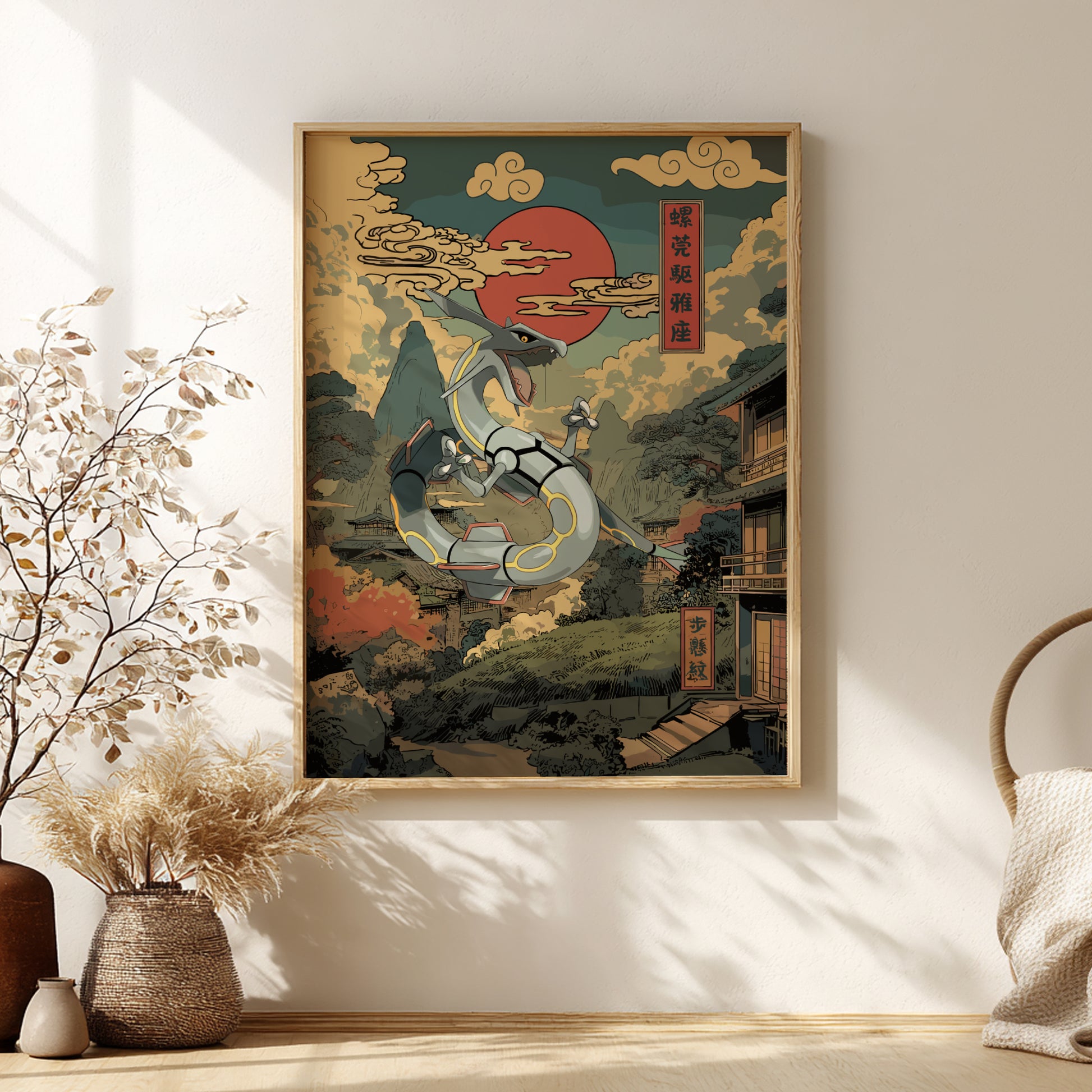 Framed artwork with a Rayquaza Pokemon design on a wall in a room with decorative elements.