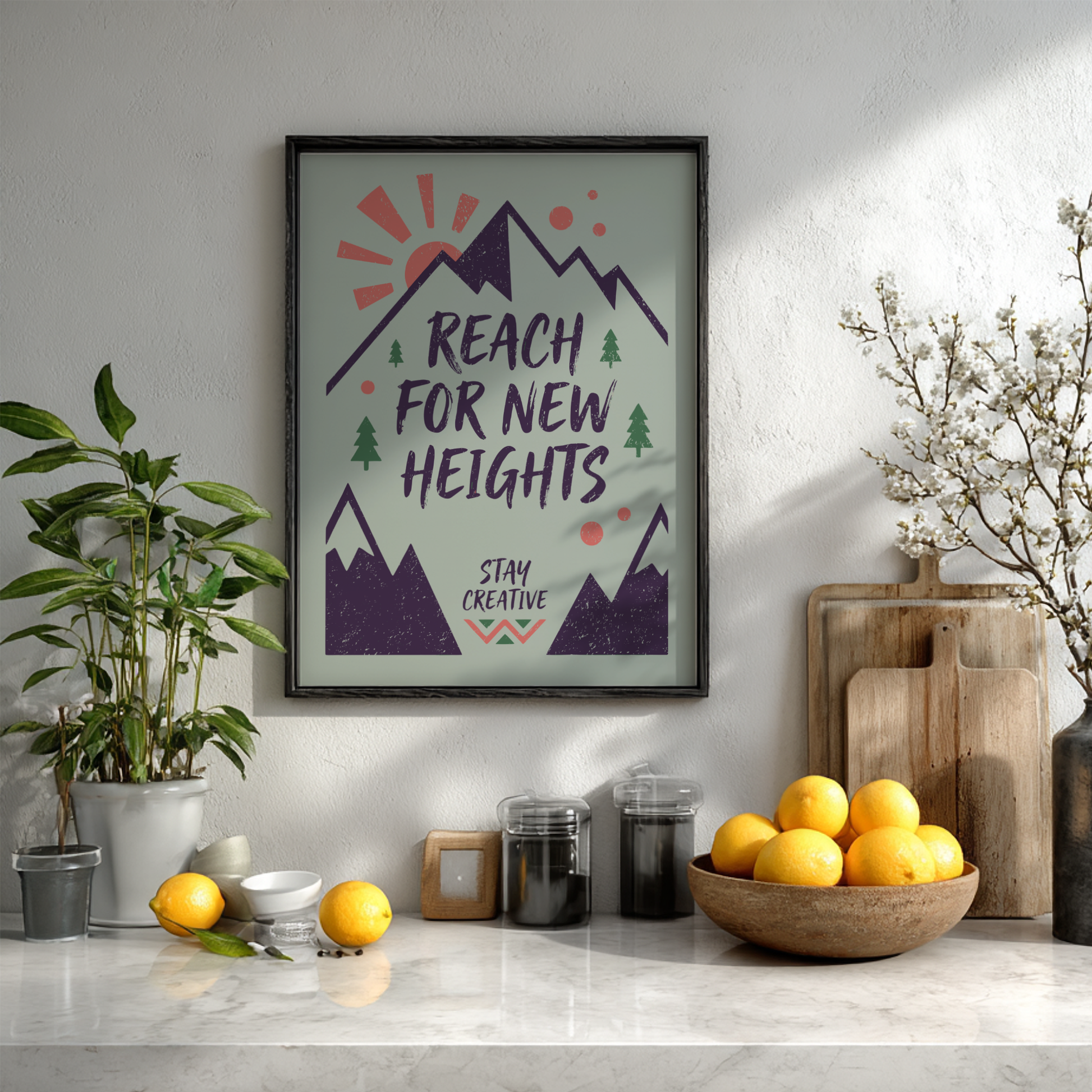 Reach For New Heights: Green - Modern Minimalist Motivational Wall Art