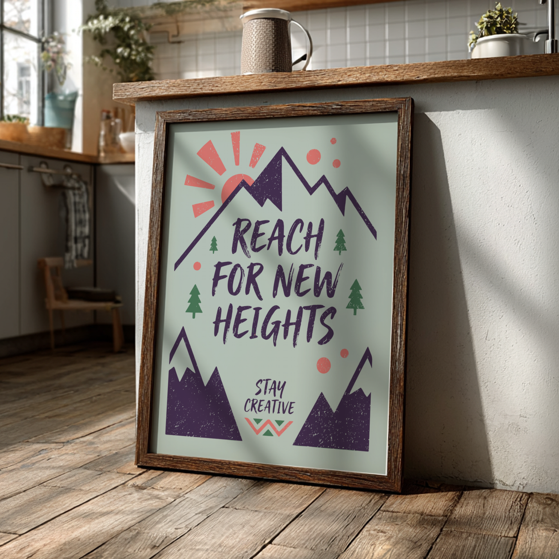 Reach For New Heights: Green - Modern Minimalist Motivational Wall Art