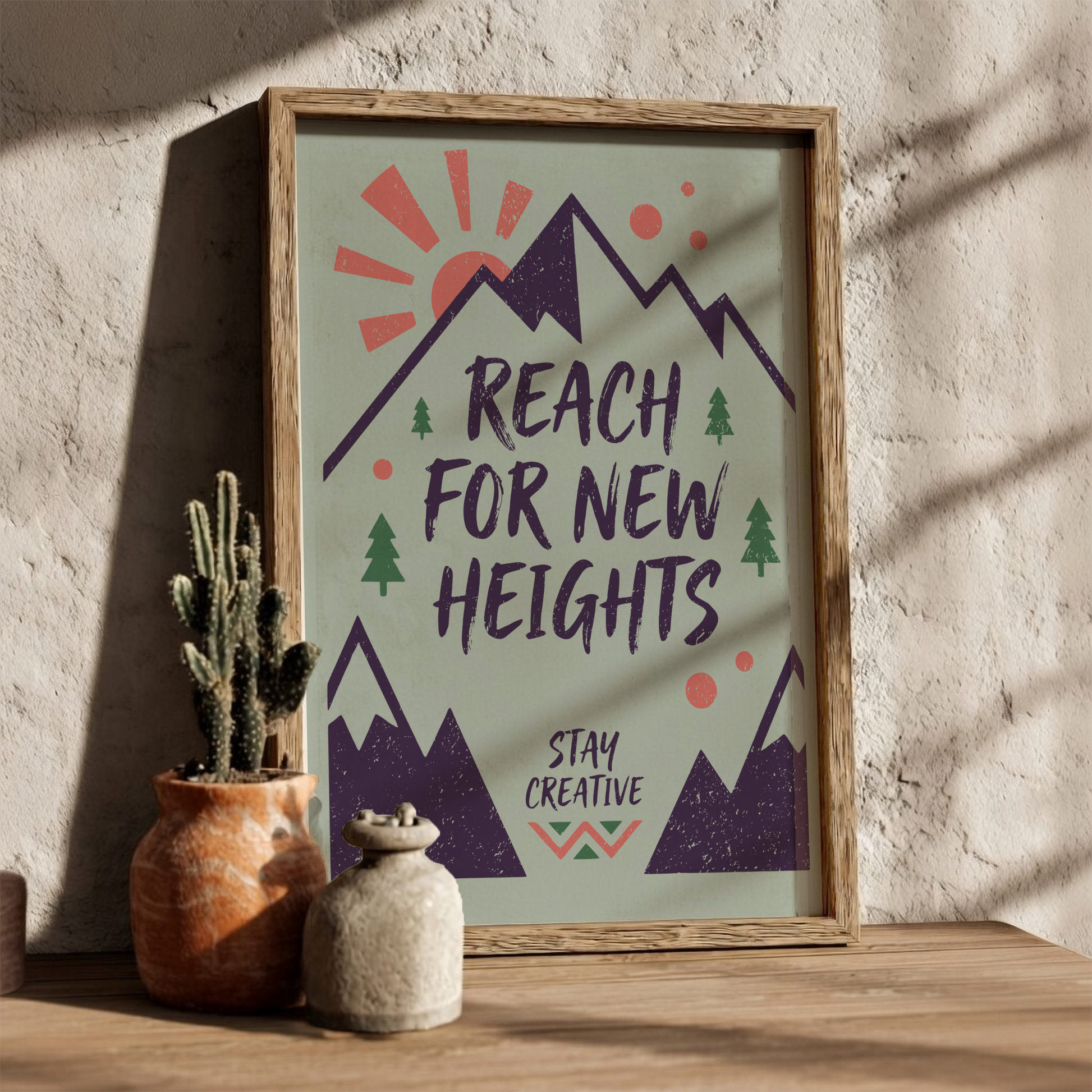 Reach For New Heights: Green - Modern Minimalist Motivational Wall Art