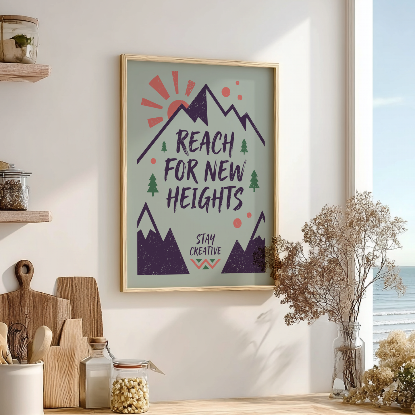 Reach For New Heights: Green - Modern Minimalist Motivational Wall Art