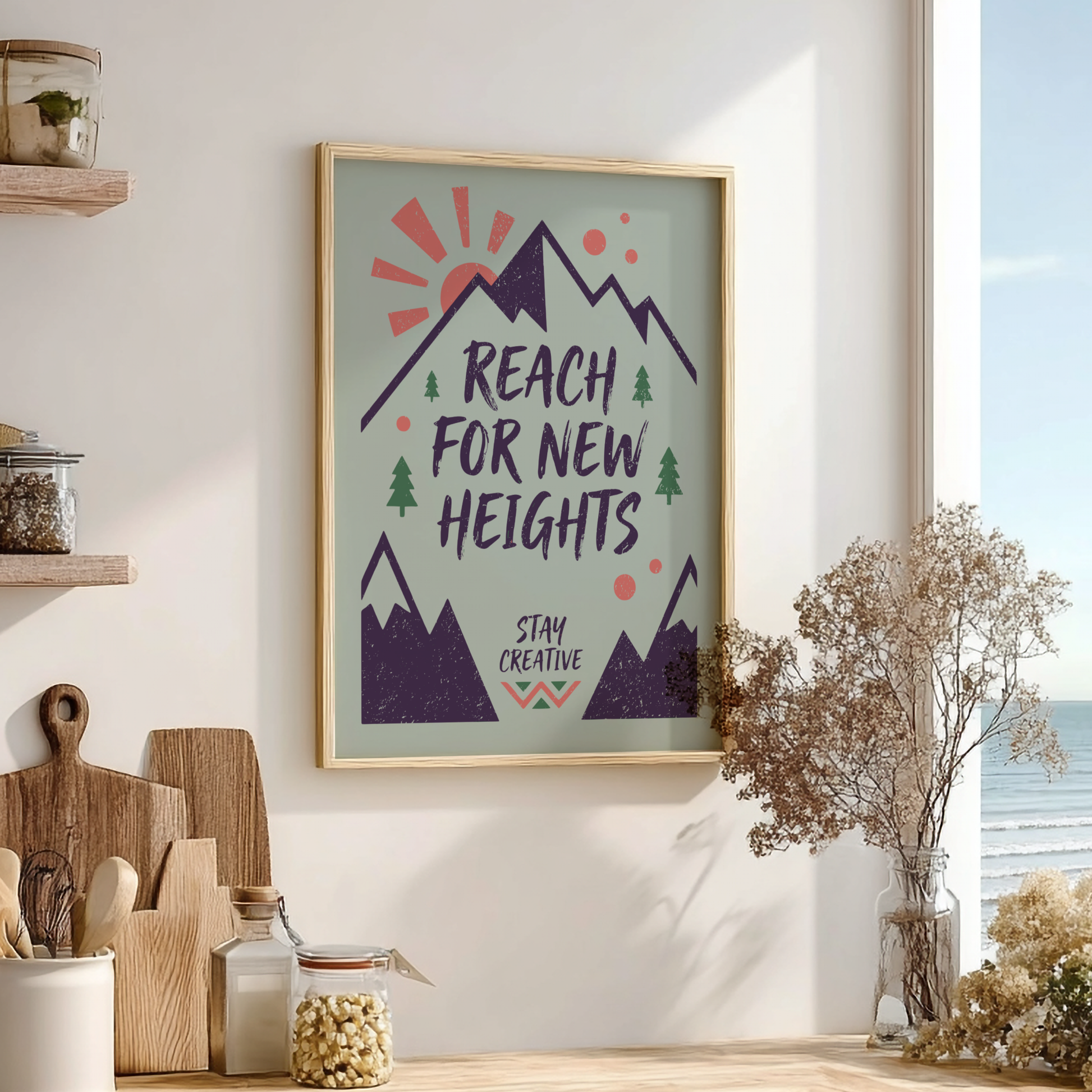 Reach For New Heights: Green - Modern Minimalist Motivational Wall Art