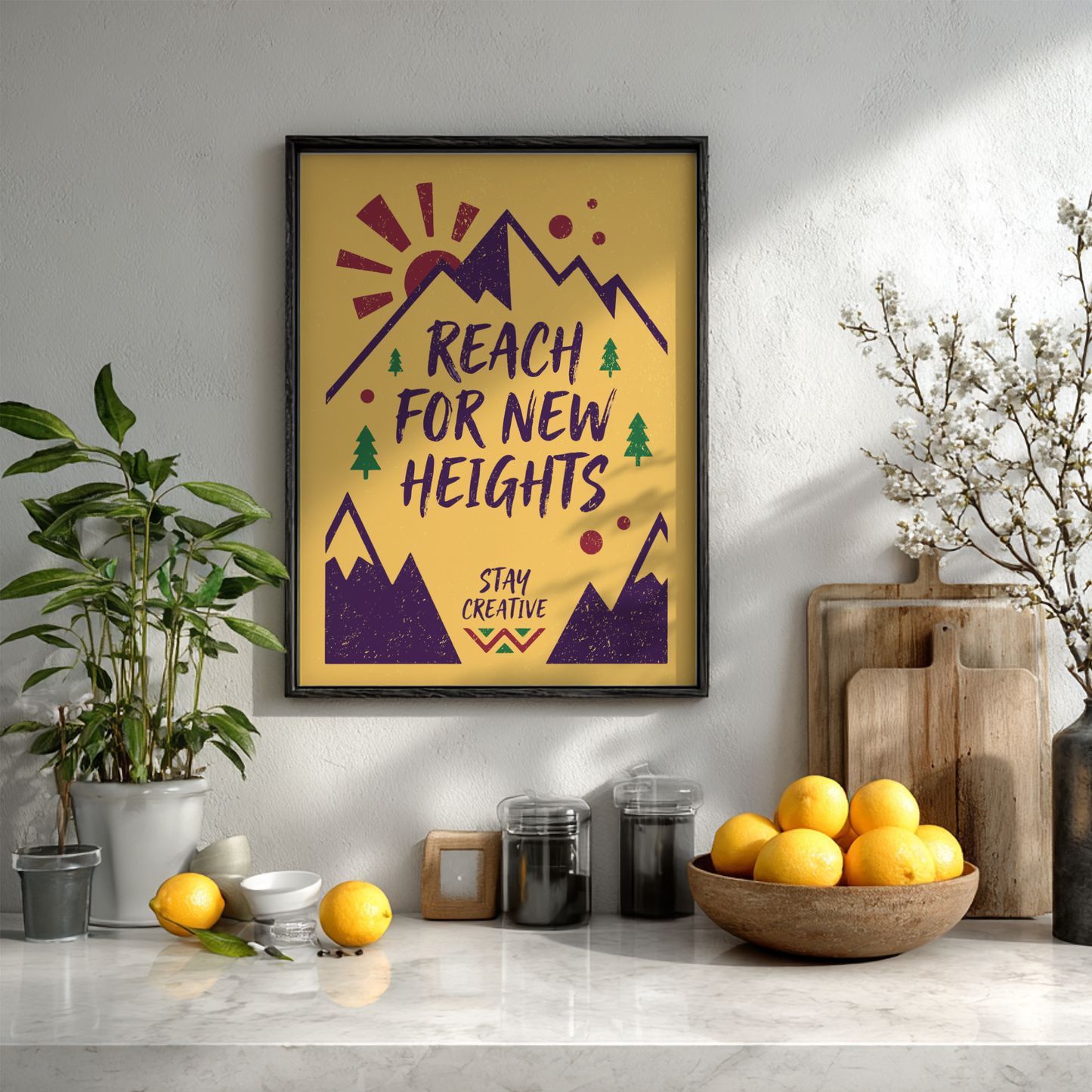 Reach For New Heights - Yellow Minimalist Motivational Wall Art