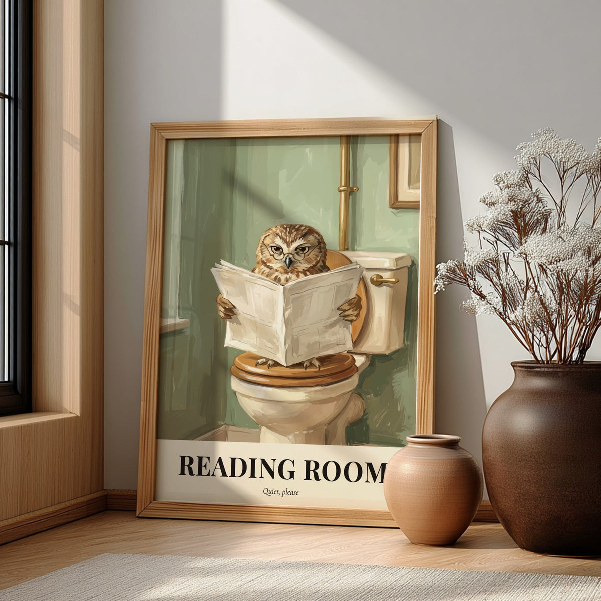 Poster of a bespectacled owl reading a newspaper on a toilet in green room