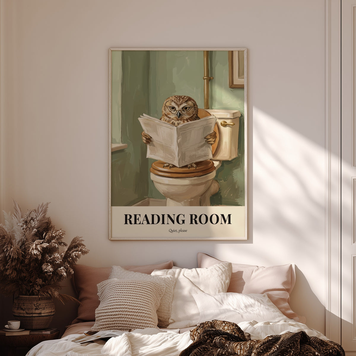 Poster of a bespectacled owl reading a newspaper on a toilet in green room
