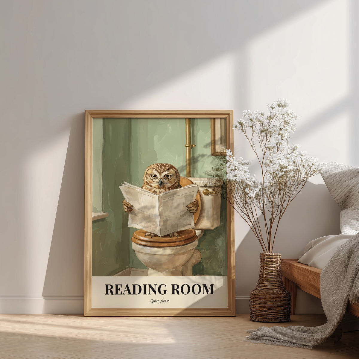 Poster of a bespectacled owl reading a newspaper on a toilet in green room