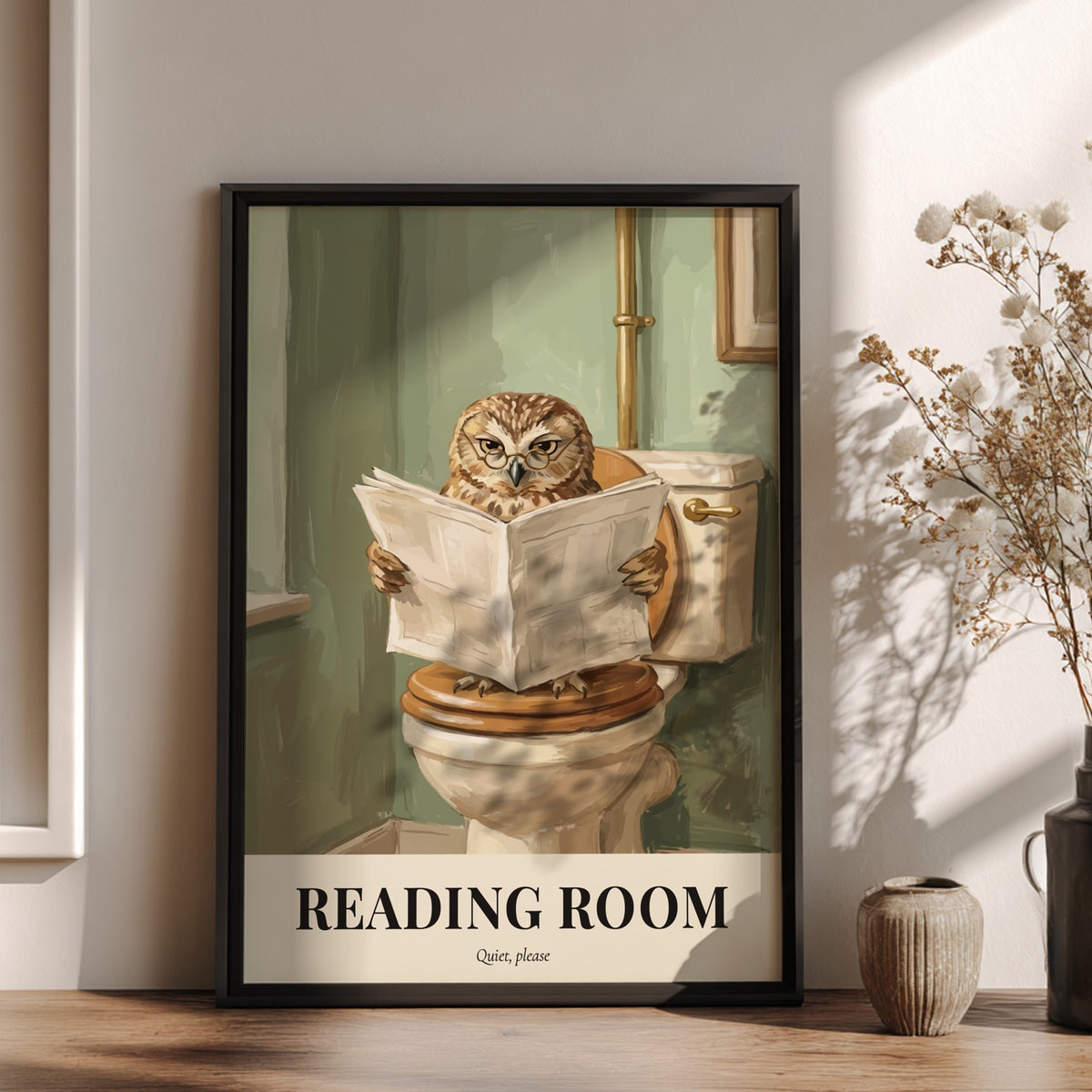 Poster of a bespectacled owl reading a newspaper on a toilet in green room