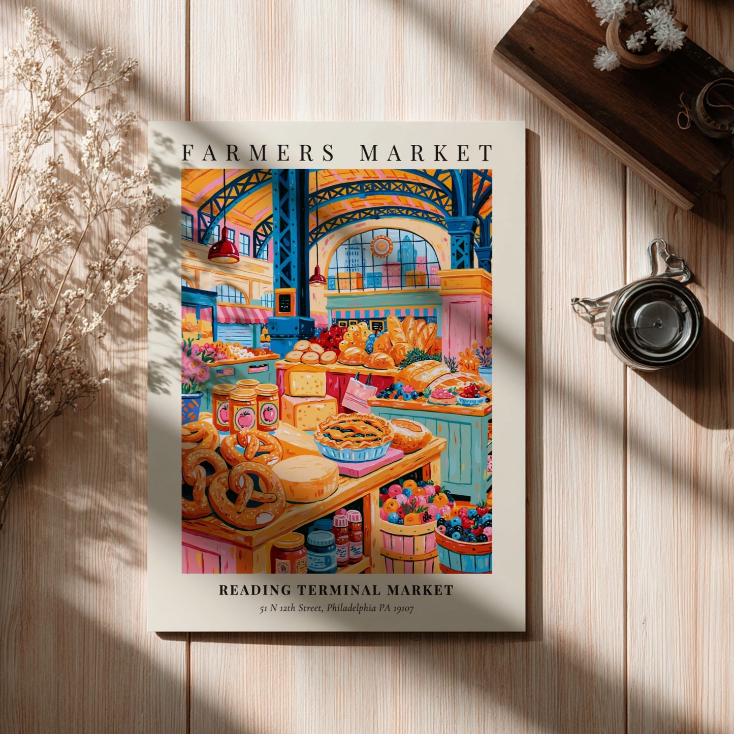 Reading Terminal Market poster featuring colorful produce and baked goods in a vibrant farmers market scene