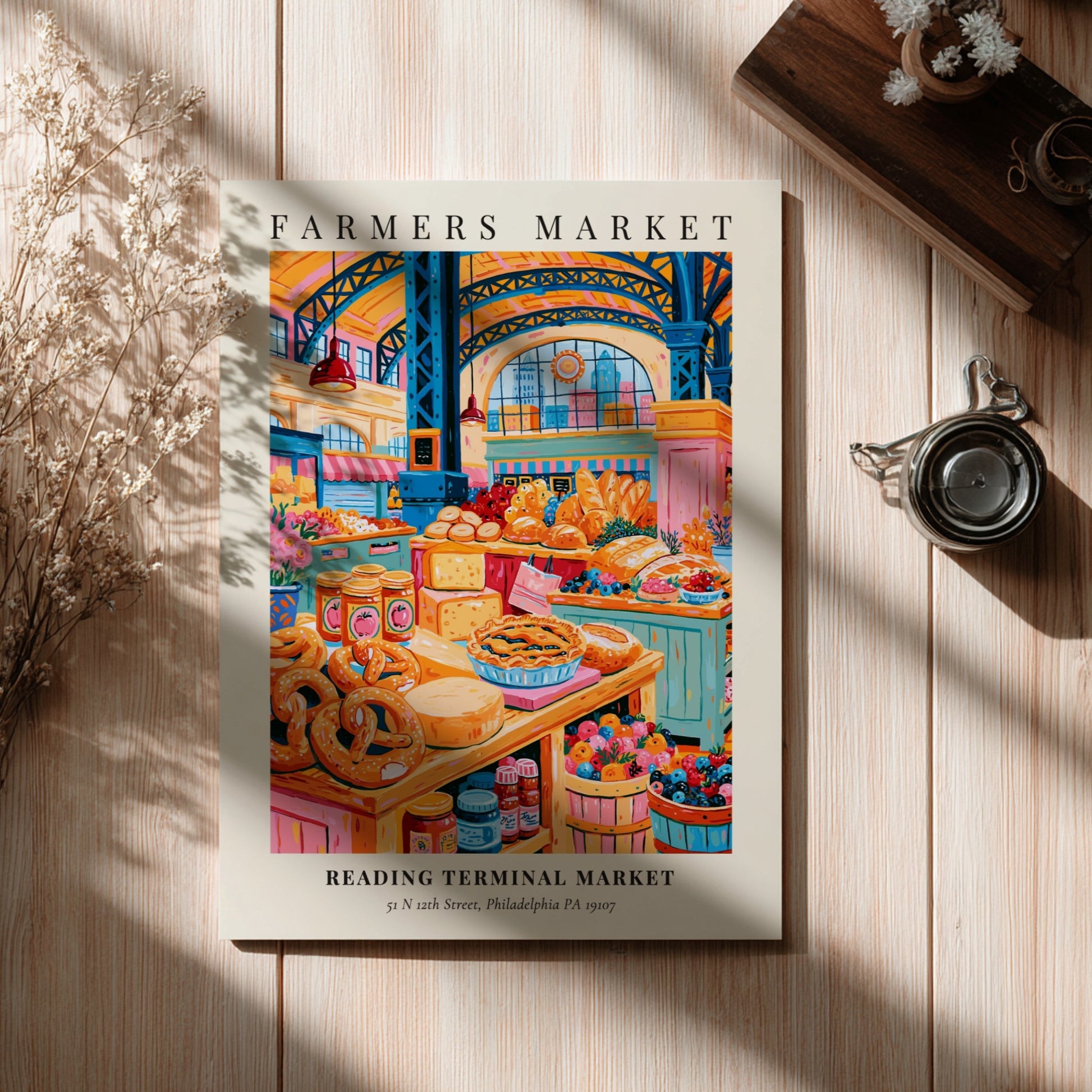 Reading Terminal Market poster featuring colorful produce and baked goods in a vibrant farmers market scene