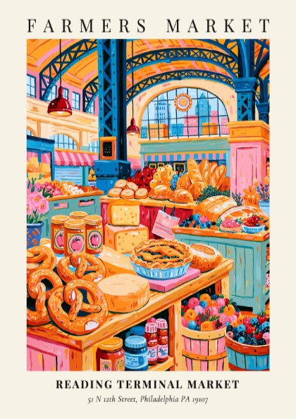 Reading Terminal Market poster featuring colorful produce and baked goods in a vibrant farmers market scene