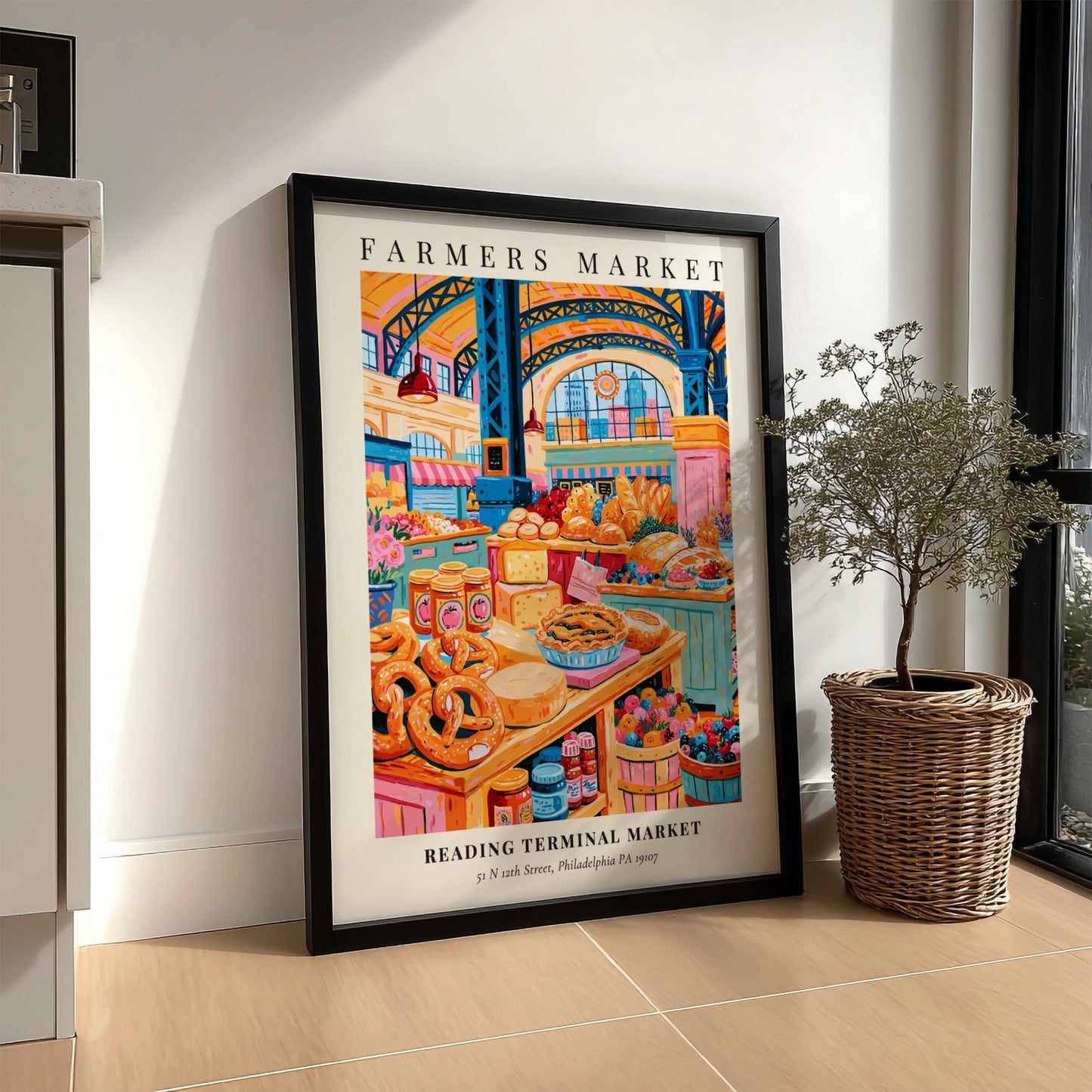 Reading Terminal Market poster featuring colorful produce and baked goods in a vibrant farmers market scene