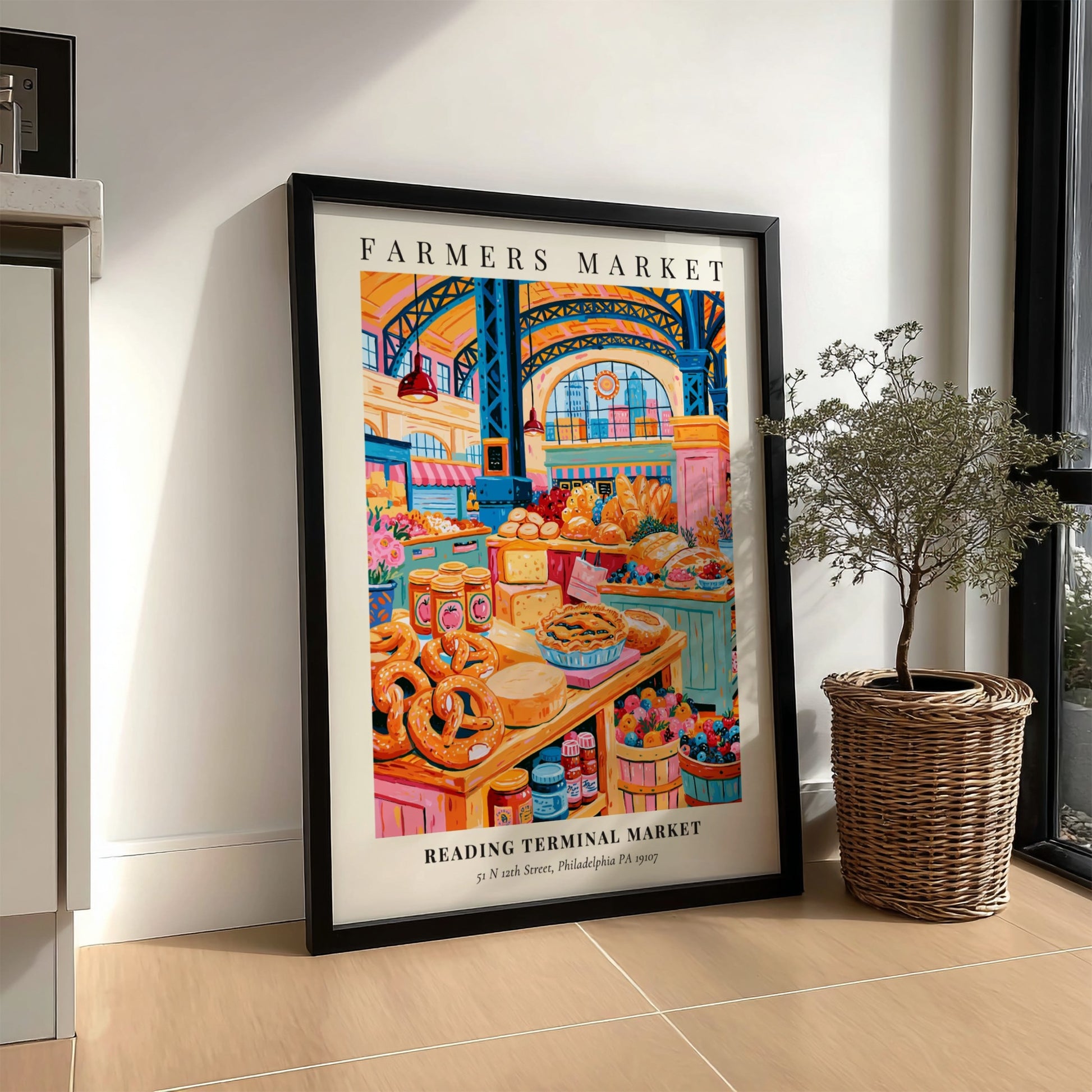 Reading Terminal Market poster featuring colorful produce and baked goods in a vibrant farmers market scene