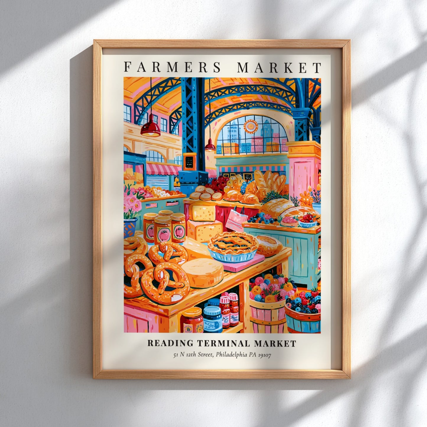 Reading Terminal Market poster featuring colorful produce and baked goods in a vibrant farmers market scene