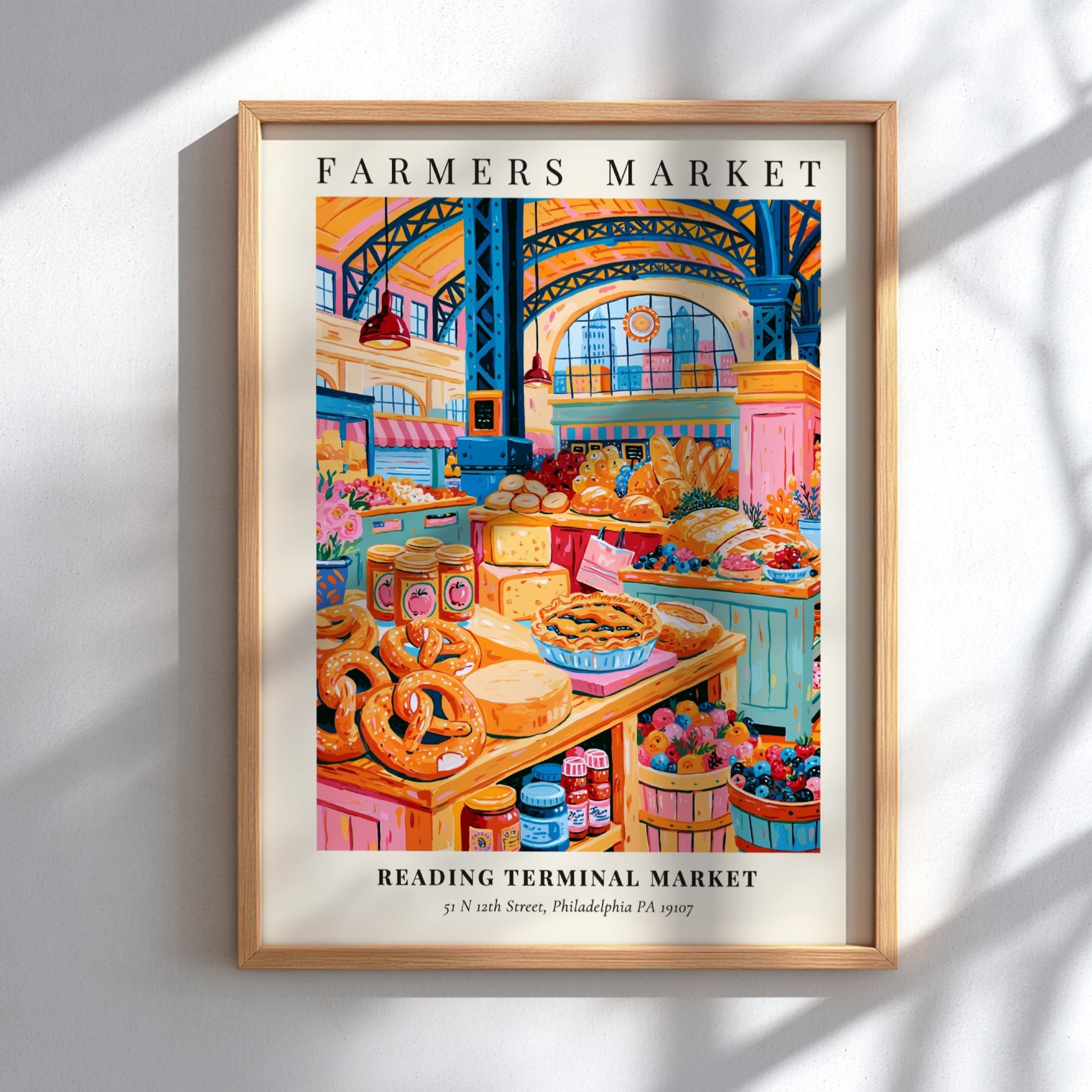 Reading Terminal Market poster featuring colorful produce and baked goods in a vibrant farmers market scene