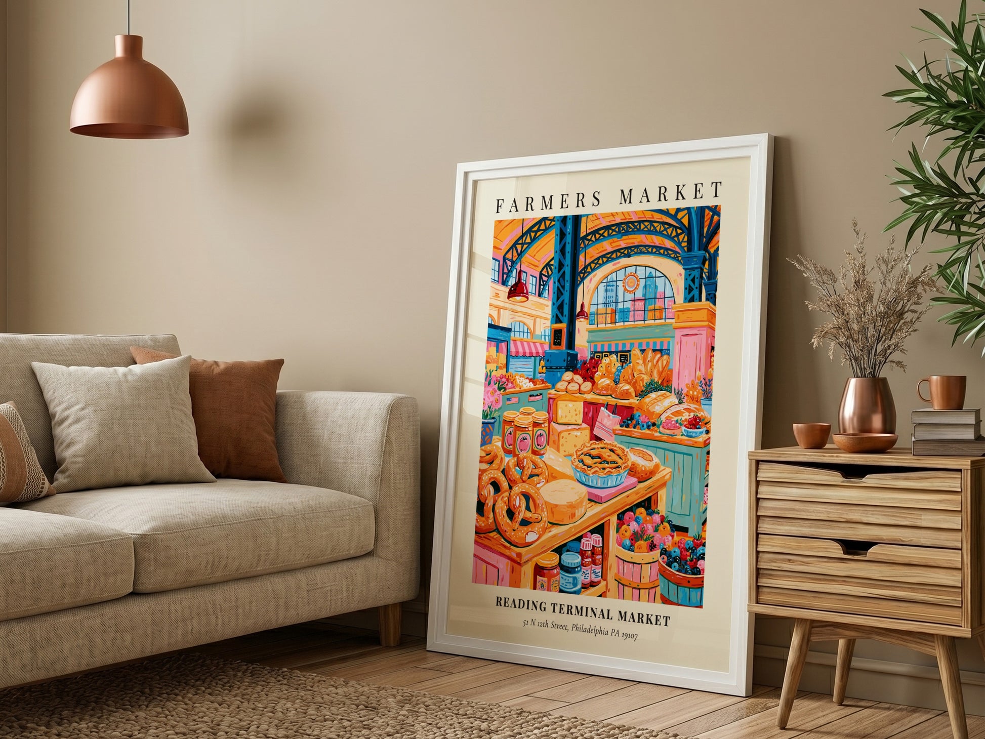 Reading Terminal Market poster featuring colorful produce and baked goods in a vibrant farmers market scene