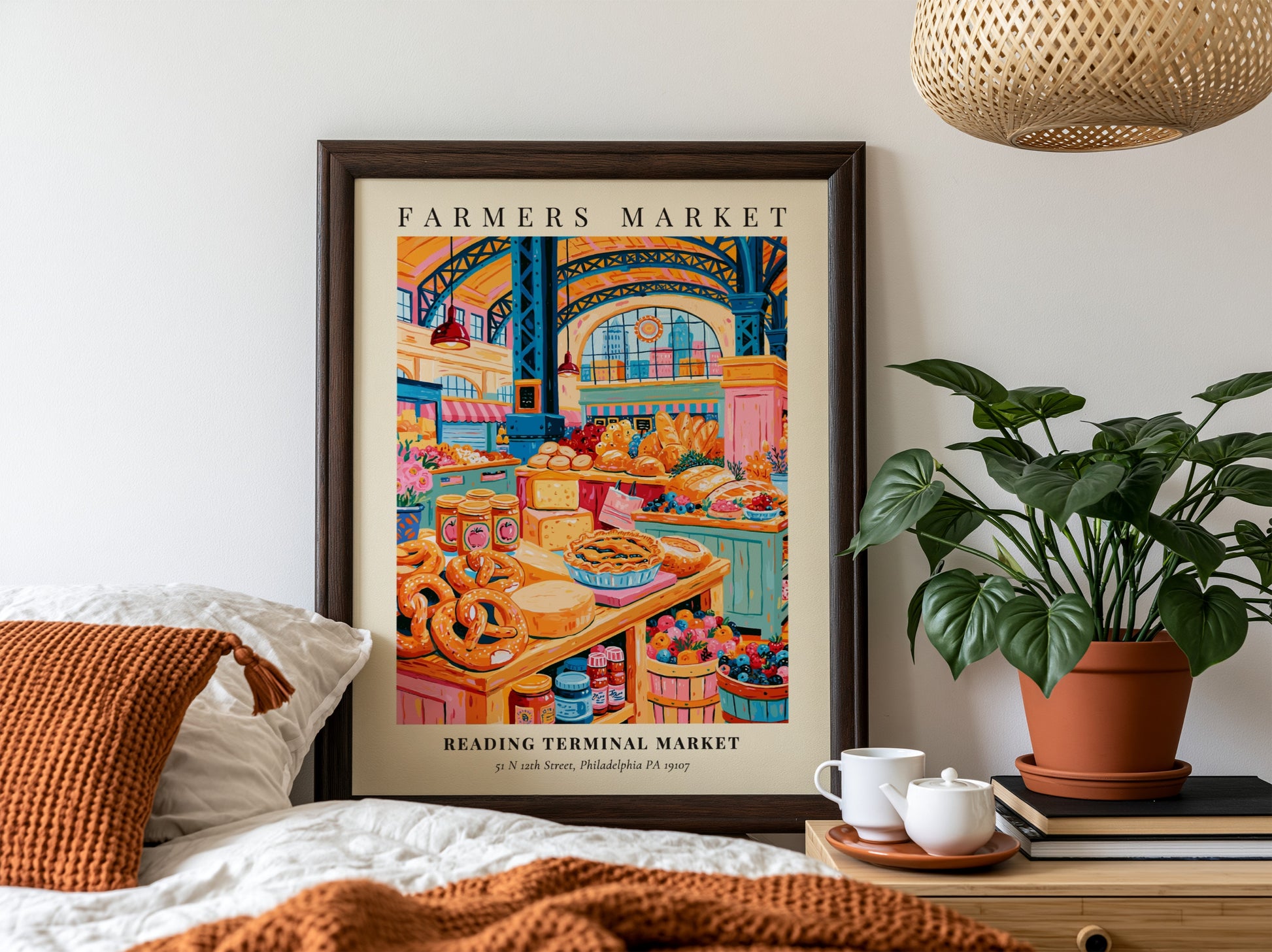 Reading Terminal Market poster featuring colorful produce and baked goods in a vibrant farmers market scene