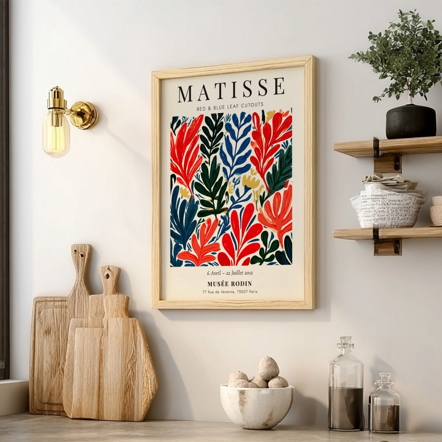 Henri Matisse poster featuring red and blue leaf cutouts in vibrant colors and bold style