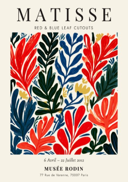 Henri Matisse poster featuring red and blue leaf cutouts in vibrant colors and bold style