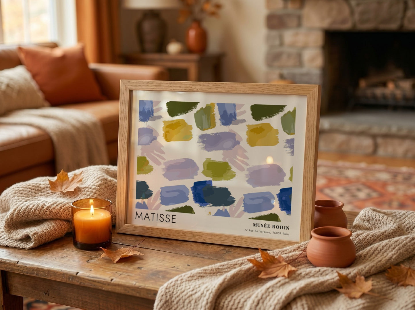 Red & Blue Leaf Cutouts poster by Henri Matisse featuring vibrant brush strokes in blue, green, and earthy