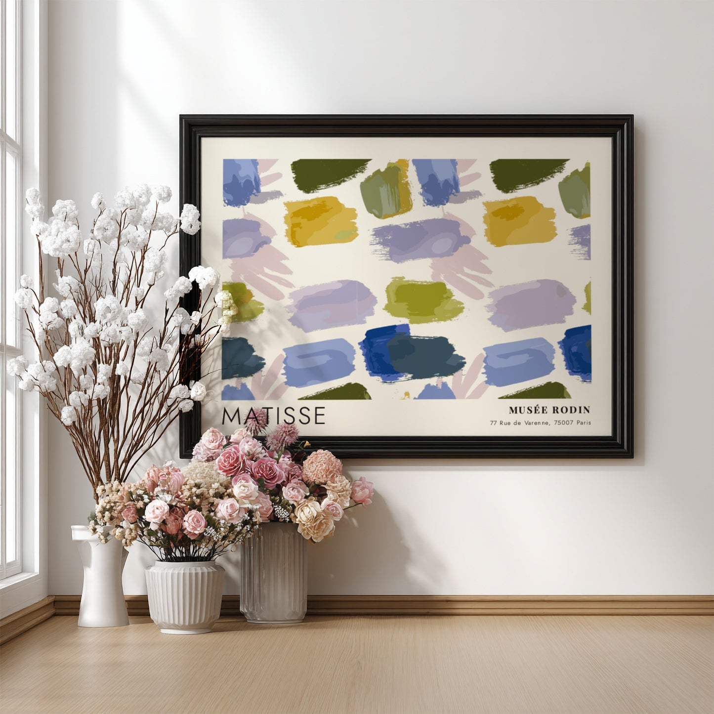 Red & Blue Leaf Cutouts poster by Henri Matisse featuring vibrant brush strokes in blue, green, and earthy