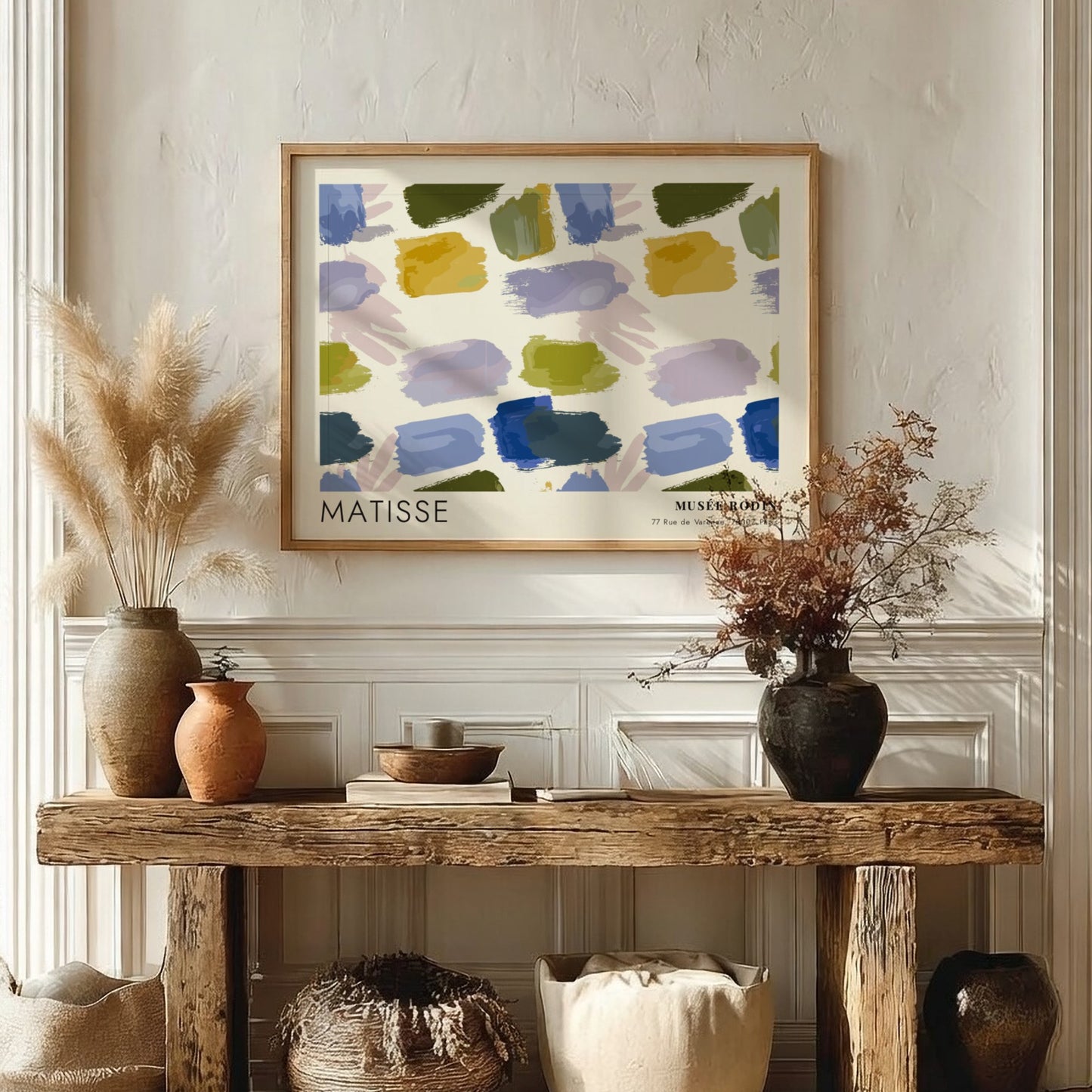 Red & Blue Leaf Cutouts poster by Henri Matisse featuring vibrant brush strokes in blue, green, and earthy