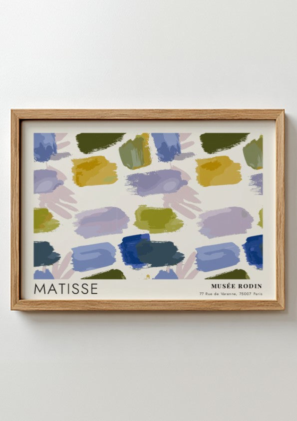 Red & Blue Leaf Cutouts poster by Henri Matisse featuring vibrant brush strokes in blue, green, and earthy