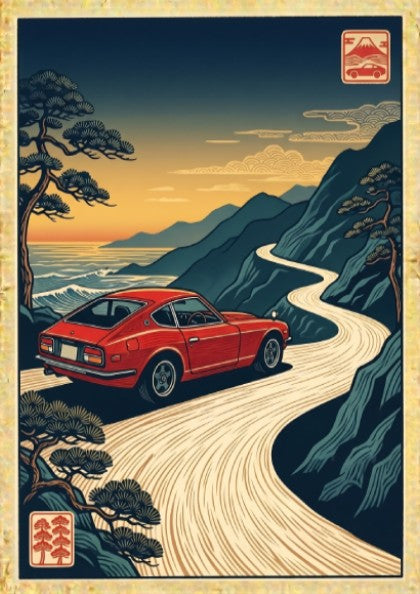 Japanese art style poster featuring a red car on a coastal road at sunset