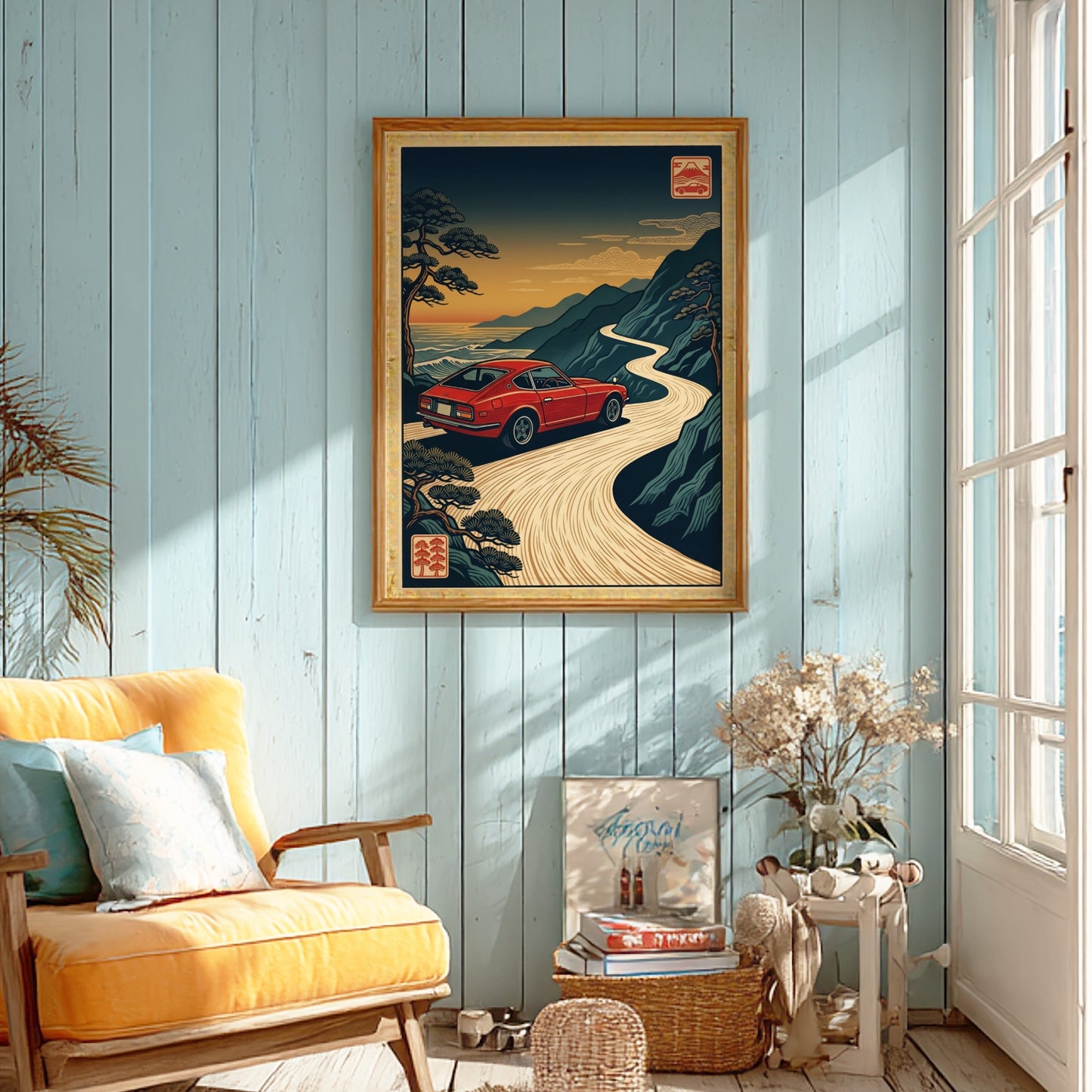 Japanese art style poster featuring a red car on a coastal road at sunset