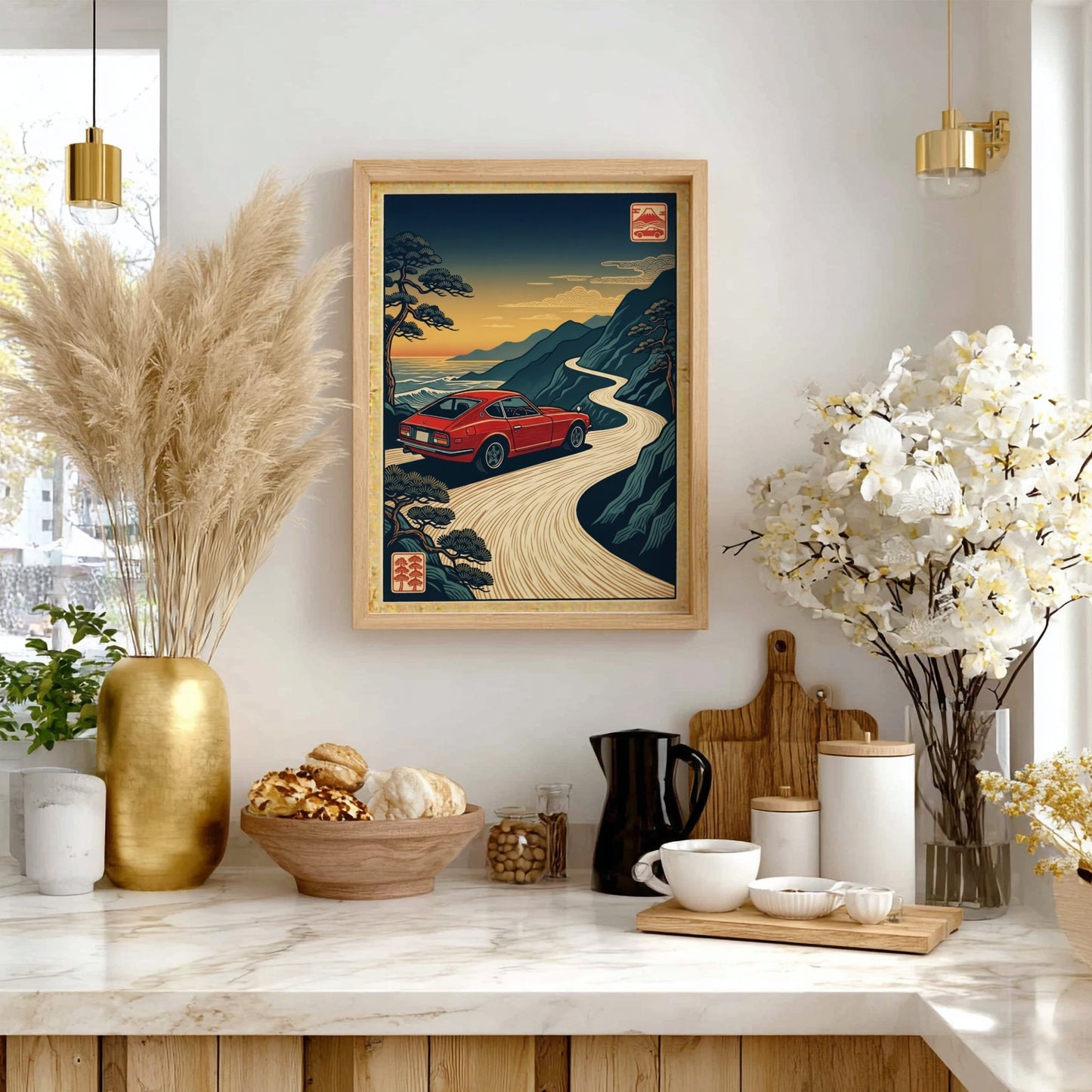Japanese art style poster featuring a red car on a coastal road at sunset