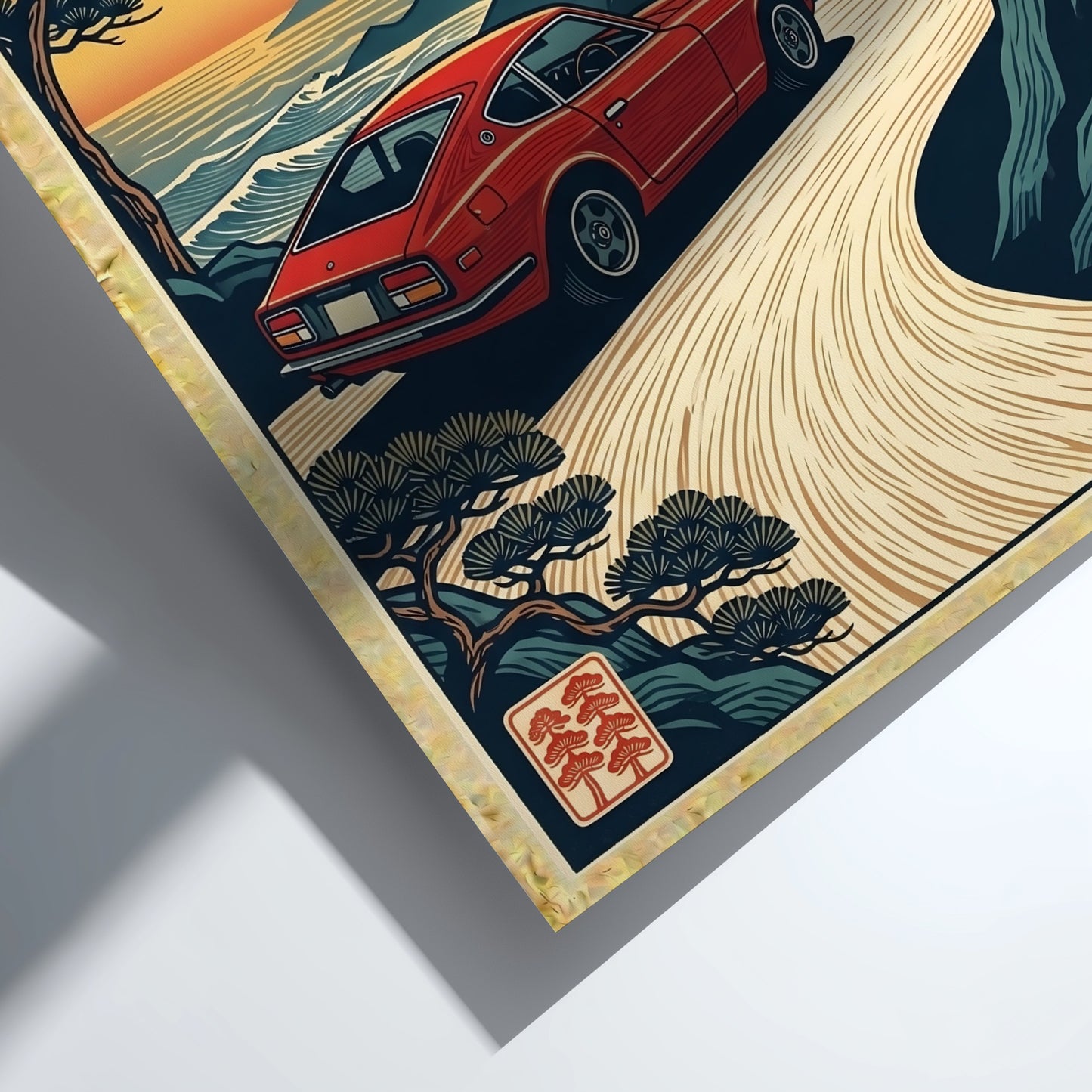 Japanese art style poster featuring a red car on a coastal road at sunset