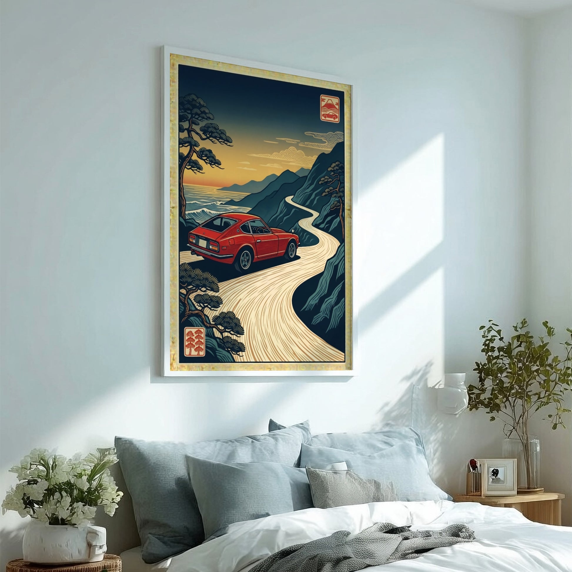 Japanese art style poster featuring a red car on a coastal road at sunset