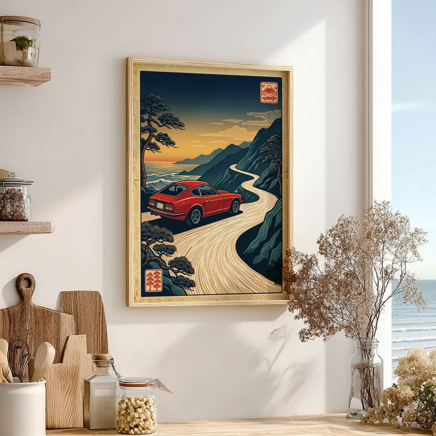 Japanese art style poster featuring a red car on a coastal road at sunset