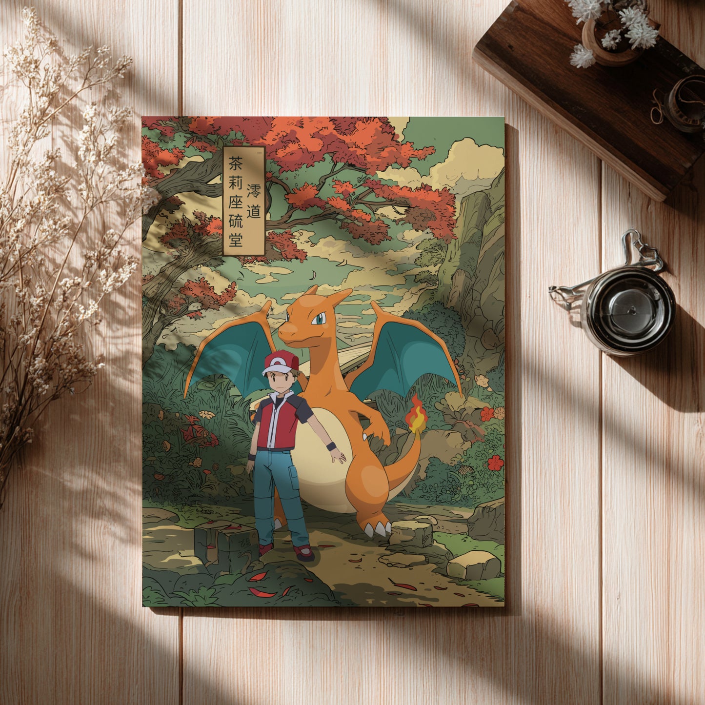 Poster of Red and Charizard Pokemon on a wooden surface with a cup and decorative elements.