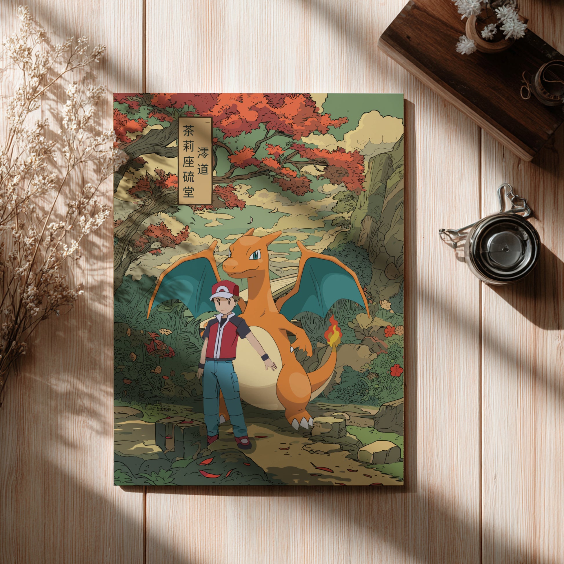 Poster of Red and Charizard Pokemon on a wooden surface with a cup and decorative elements.