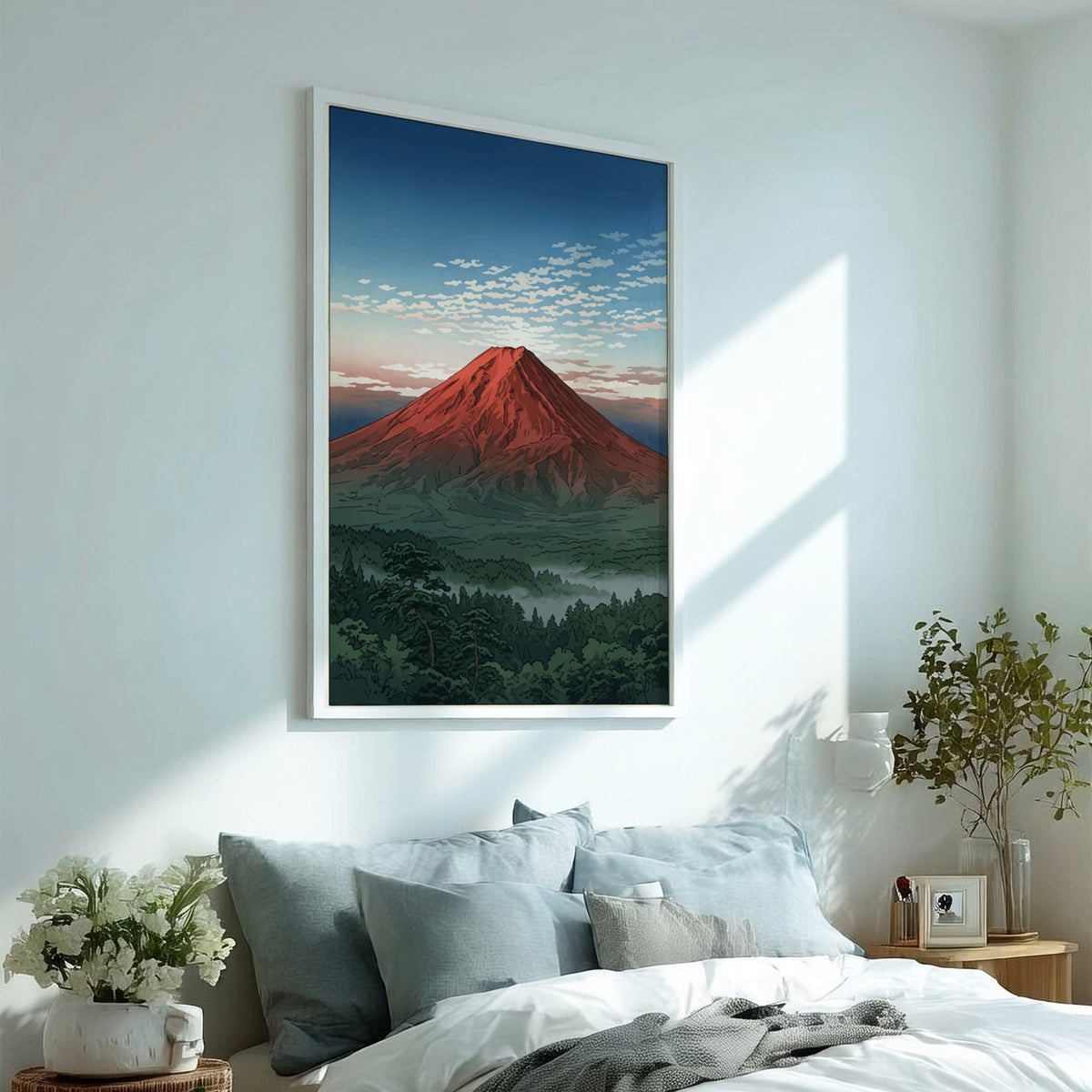 Poster of Mount Fuji in red at sunrise with a misty forest foreground below