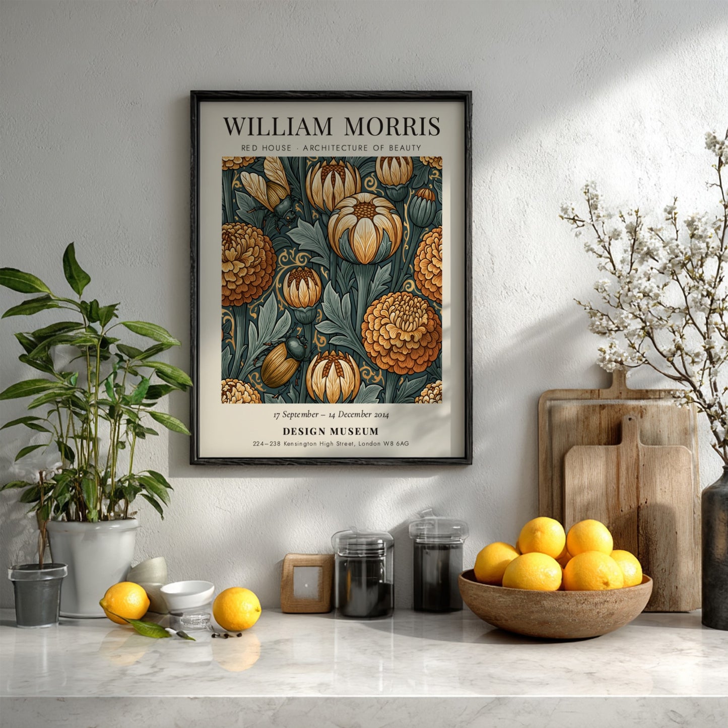 William Morris poster featuring intricate floral designs in warm colors, showcasing Red House Architecture of