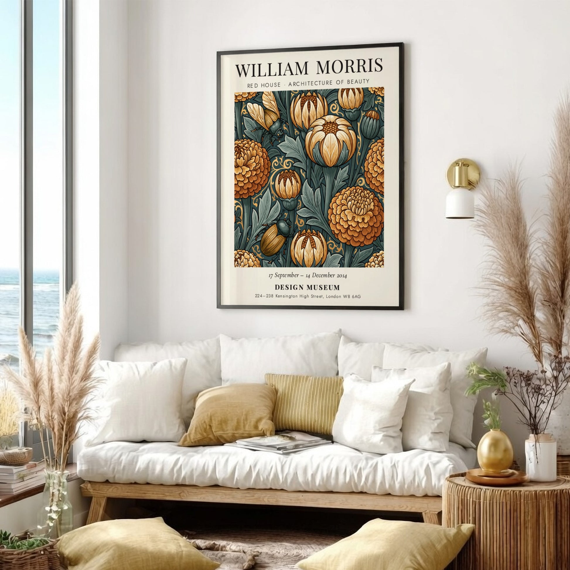 William Morris poster featuring intricate floral designs in warm colors, showcasing Red House Architecture of