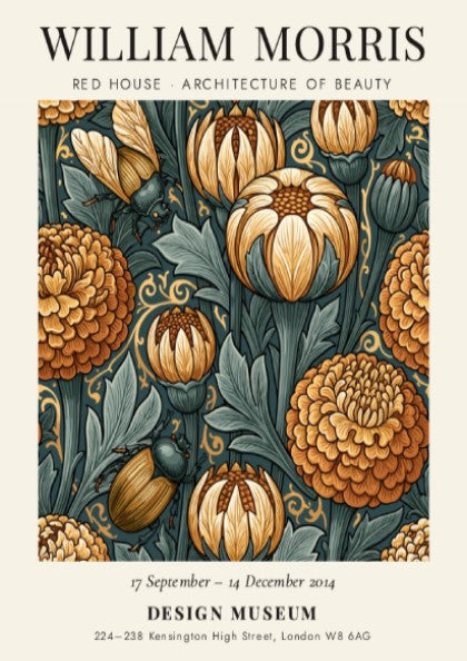 William Morris poster featuring intricate floral designs in warm colors, showcasing Red House Architecture of