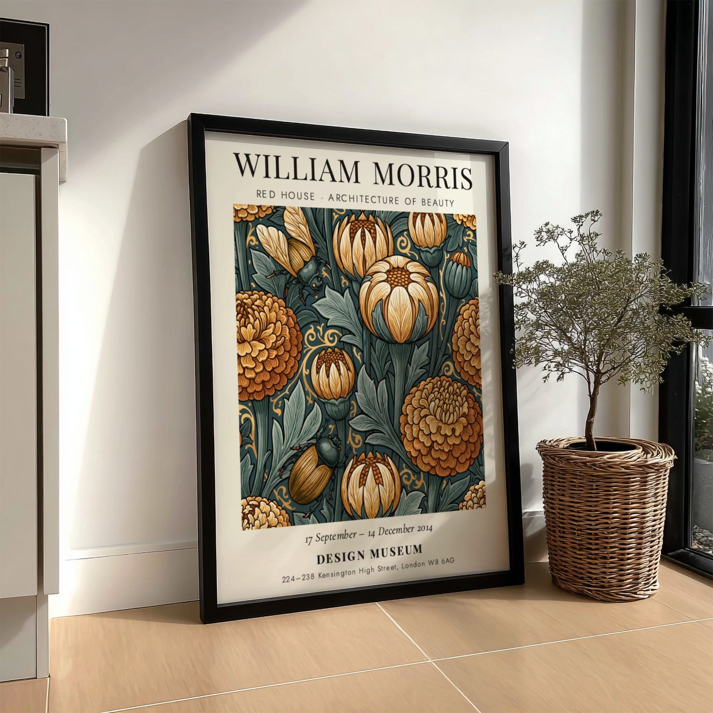 William Morris poster featuring intricate floral designs in warm colors, showcasing Red House Architecture of