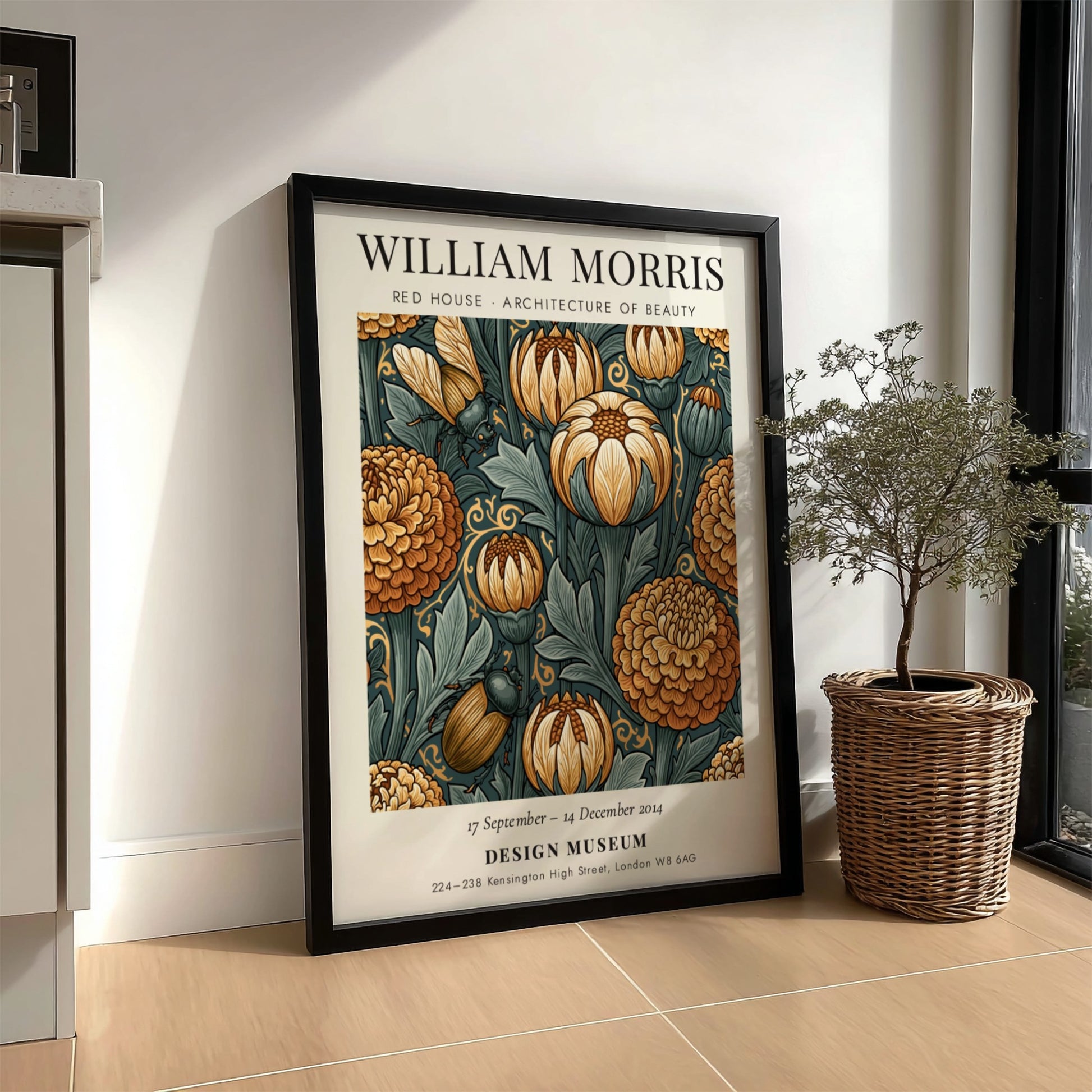 William Morris poster featuring intricate floral designs in warm colors, showcasing Red House Architecture of