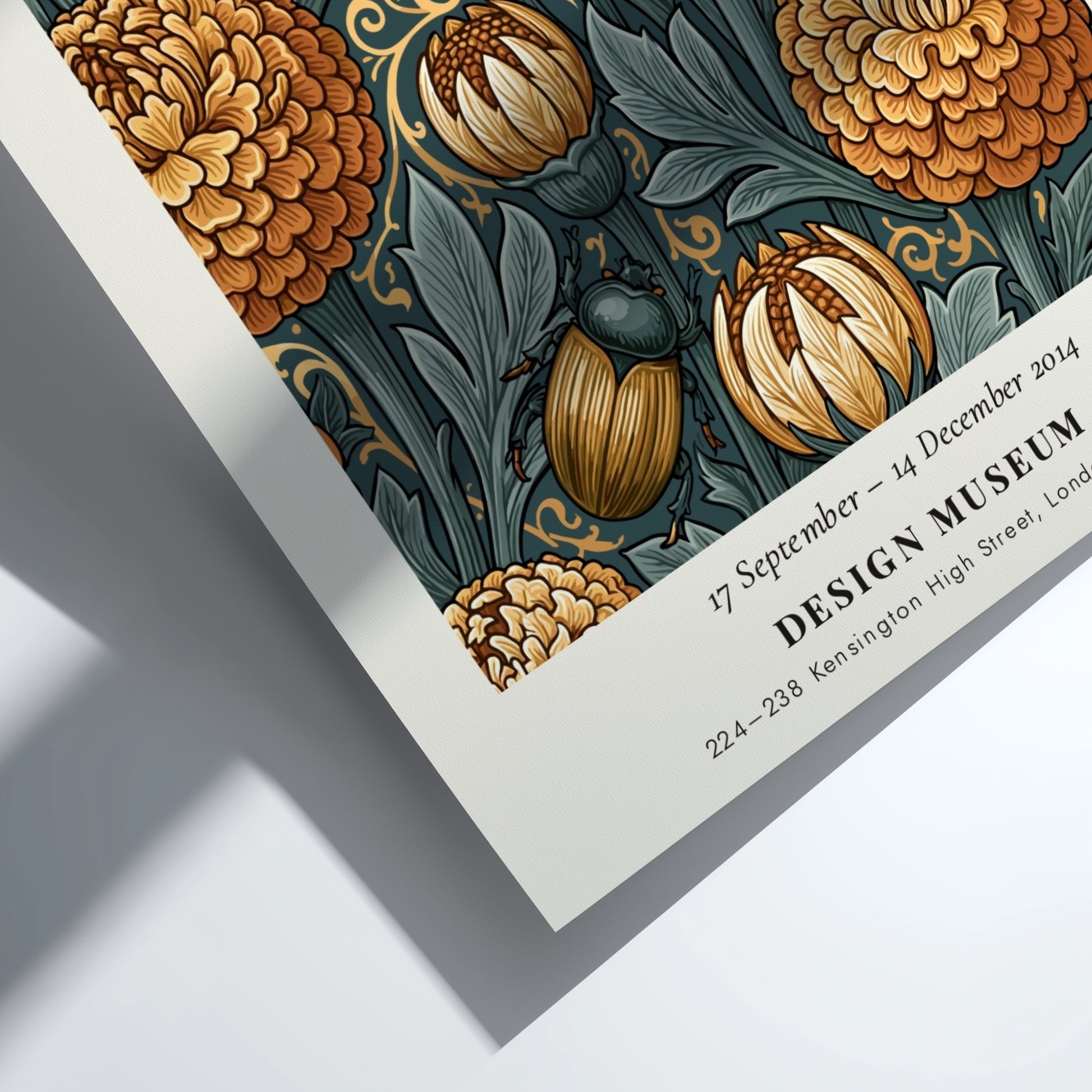 William Morris poster featuring intricate floral designs in warm colors, showcasing Red House Architecture of