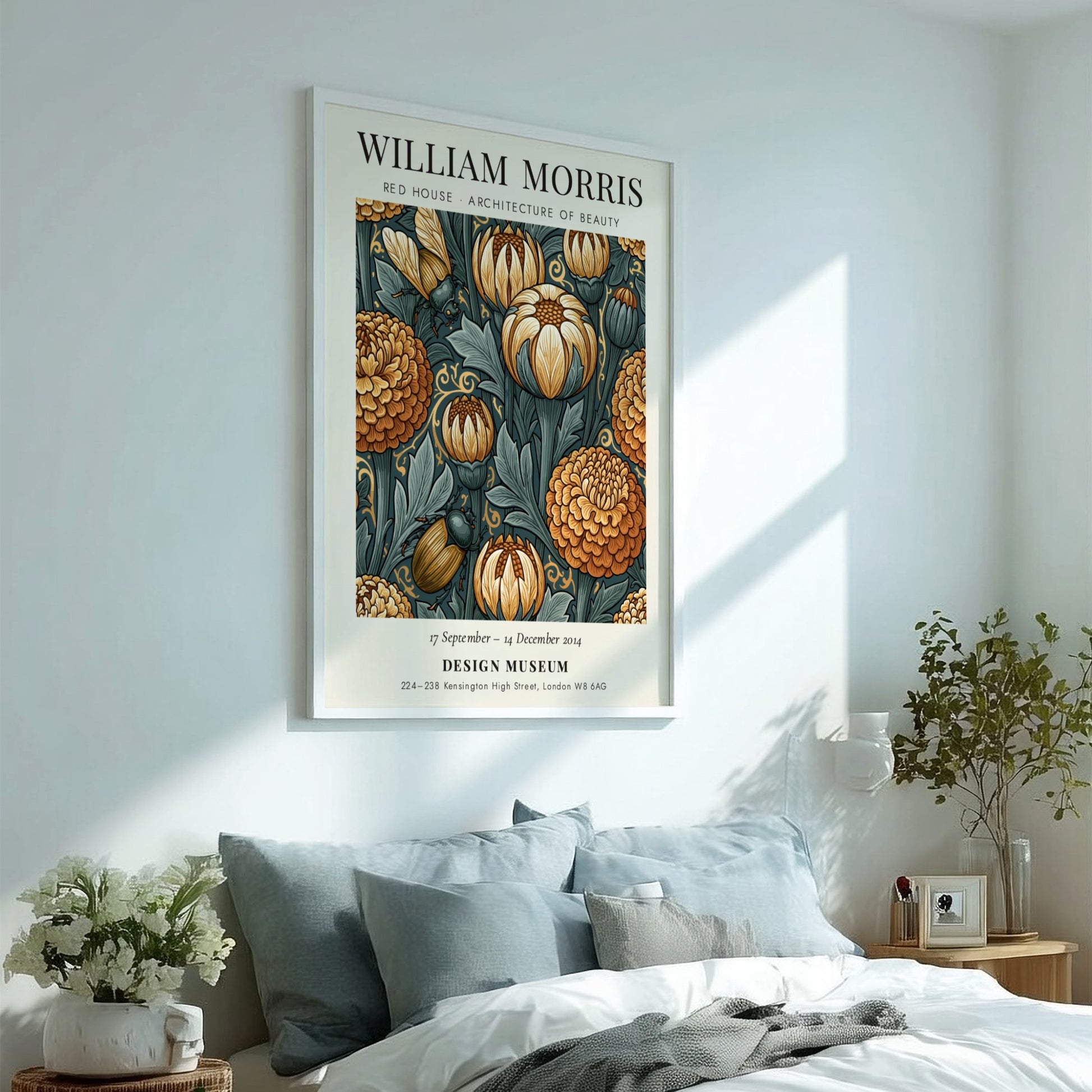 William Morris poster featuring intricate floral designs in warm colors, showcasing Red House Architecture of
