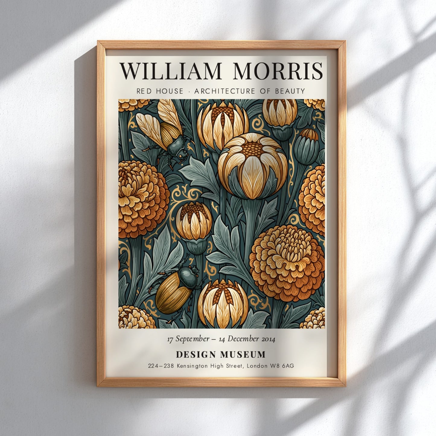 William Morris poster featuring intricate floral designs in warm colors, showcasing Red House Architecture of