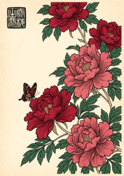 Japanese art style poster featuring red peonies and a butterfly