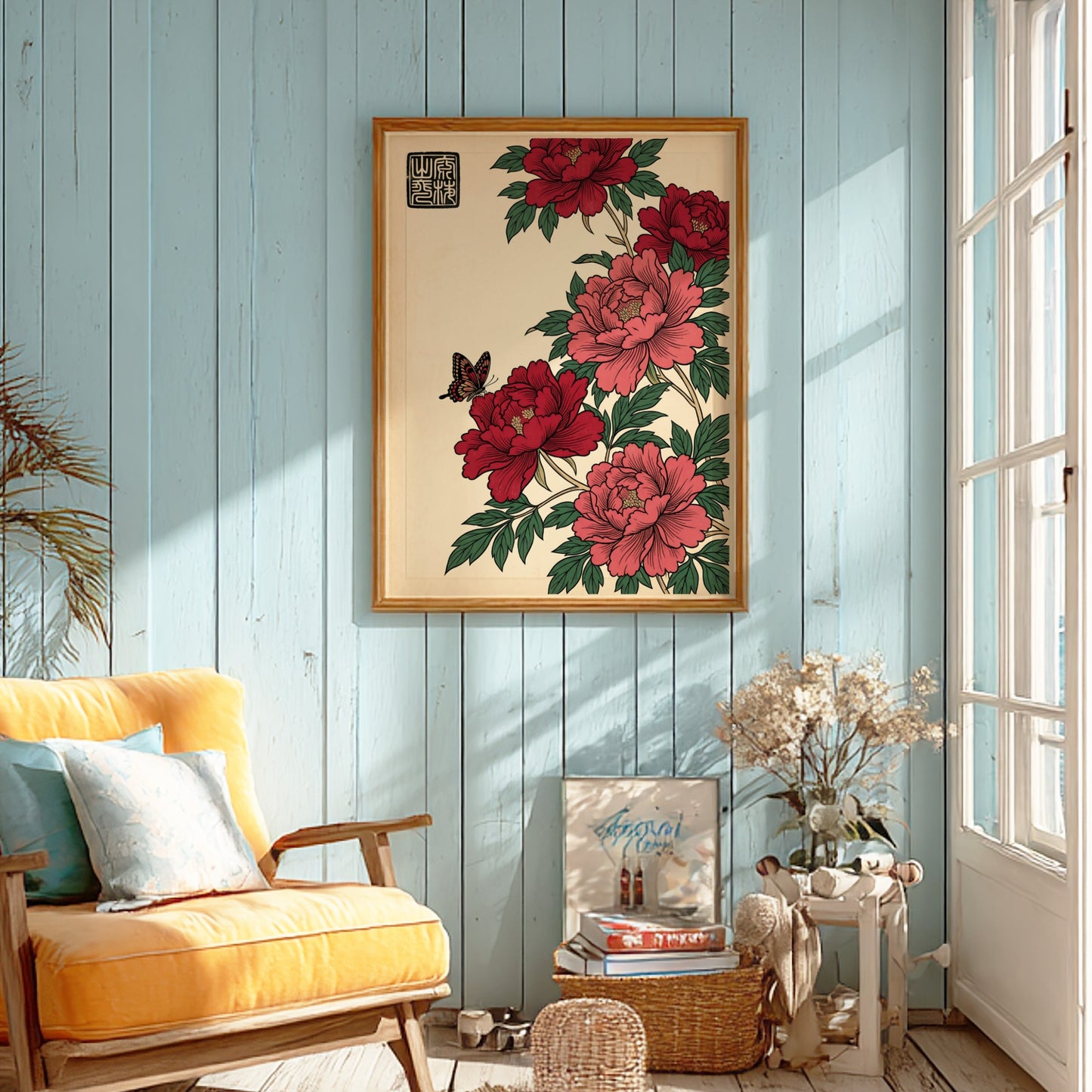 Japanese art style poster featuring red peonies and a butterfly