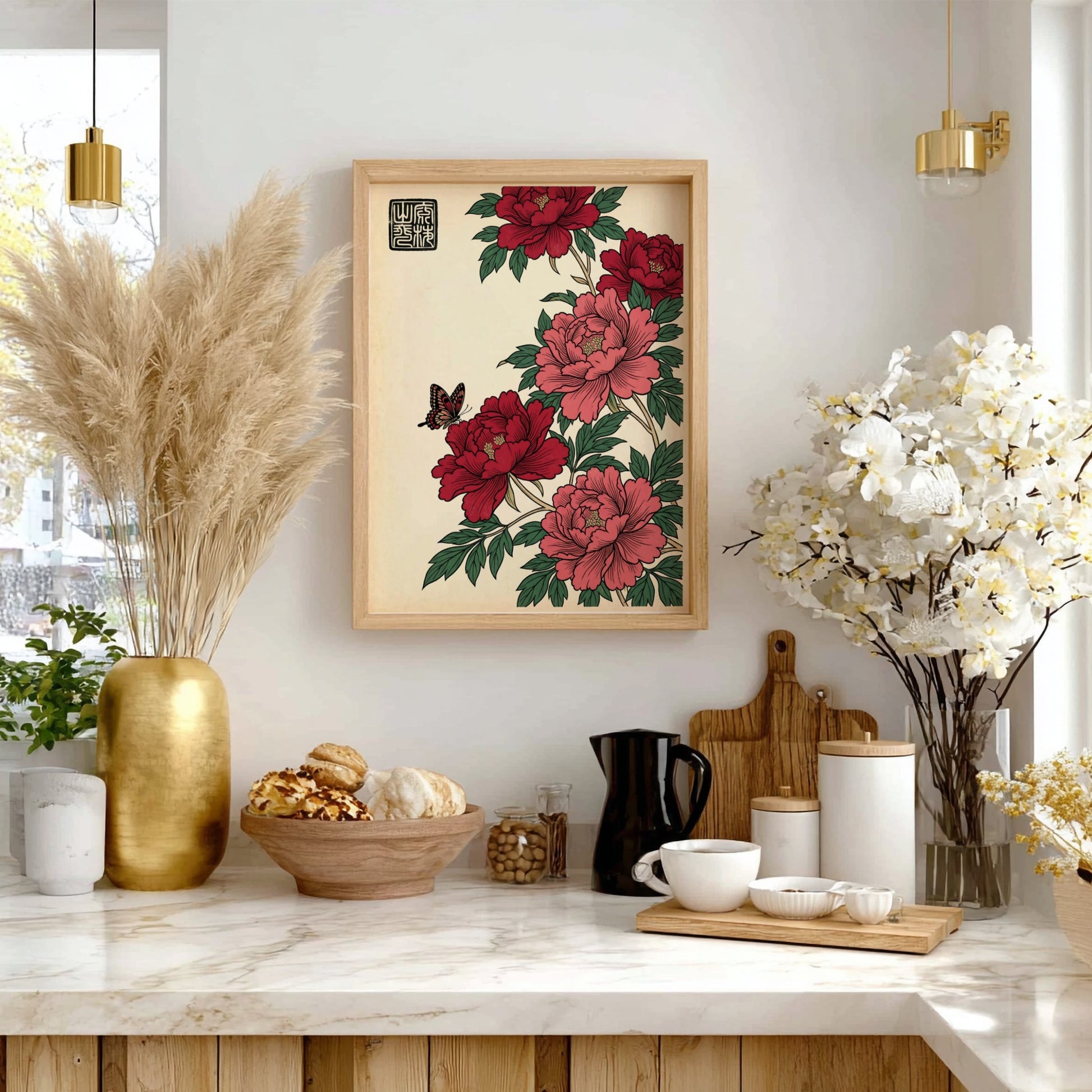 Japanese art style poster featuring red peonies and a butterfly