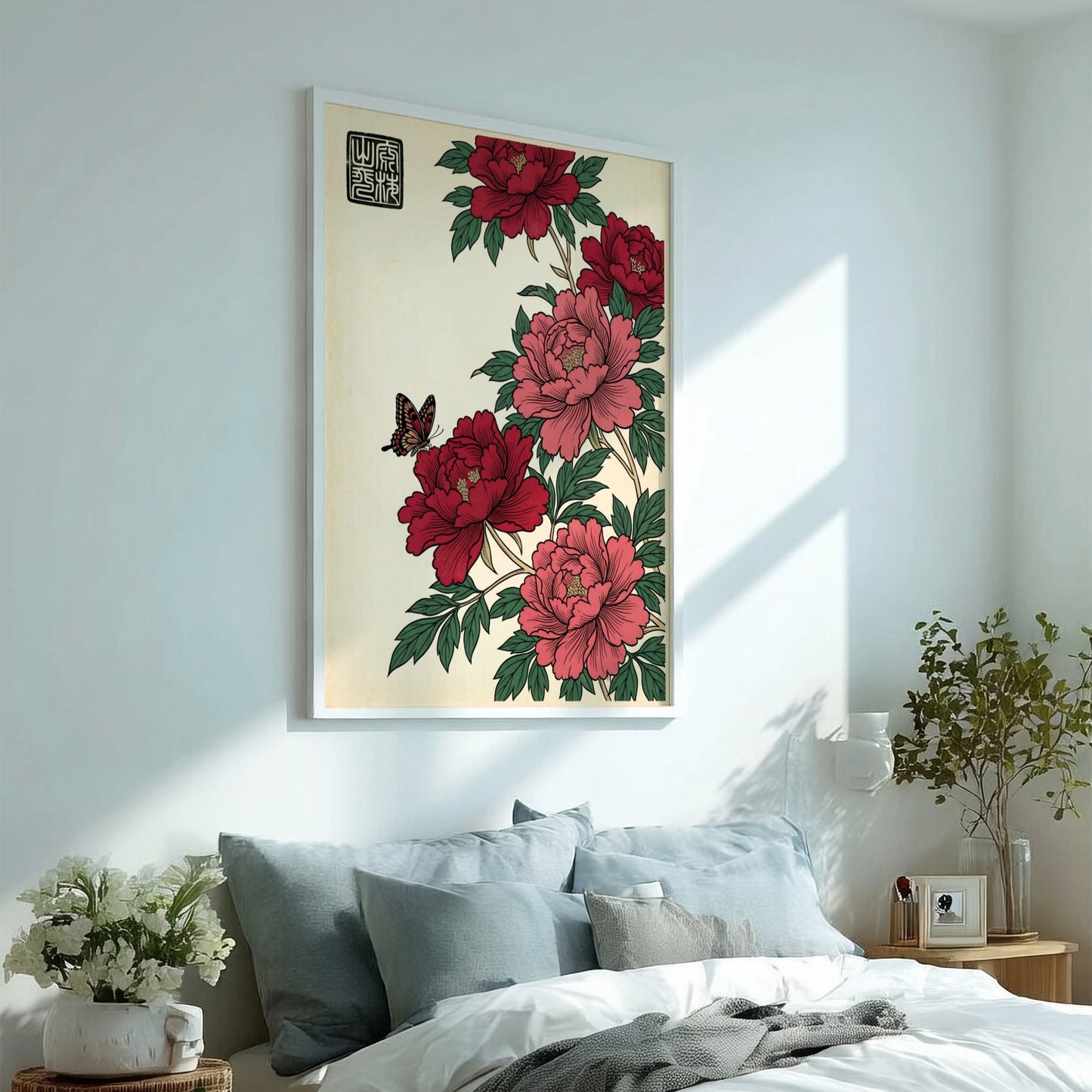 Japanese art style poster featuring red peonies and a butterfly