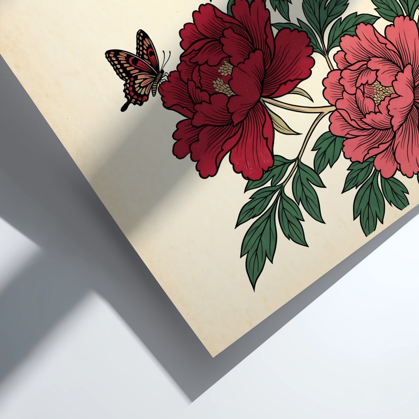 Japanese art style poster featuring red peonies and a butterfly