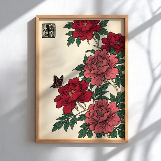 Japanese art style poster featuring red peonies and a butterfly
